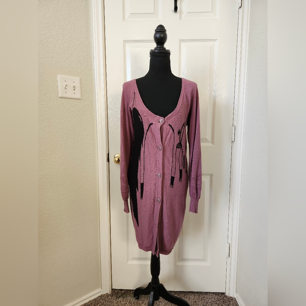 Numph Purple Pretty Fox Artsy Button Down Long Cardigan Sweater S